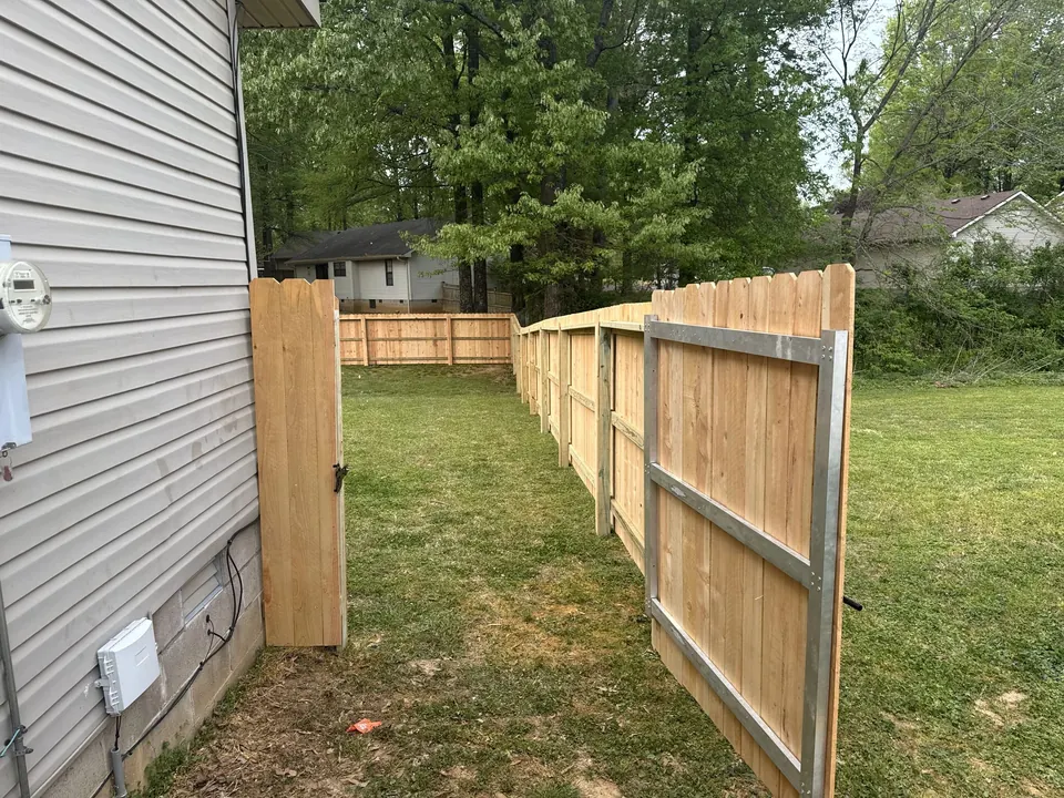 Completed cedar fence gate installed by Rocky Top Fencing