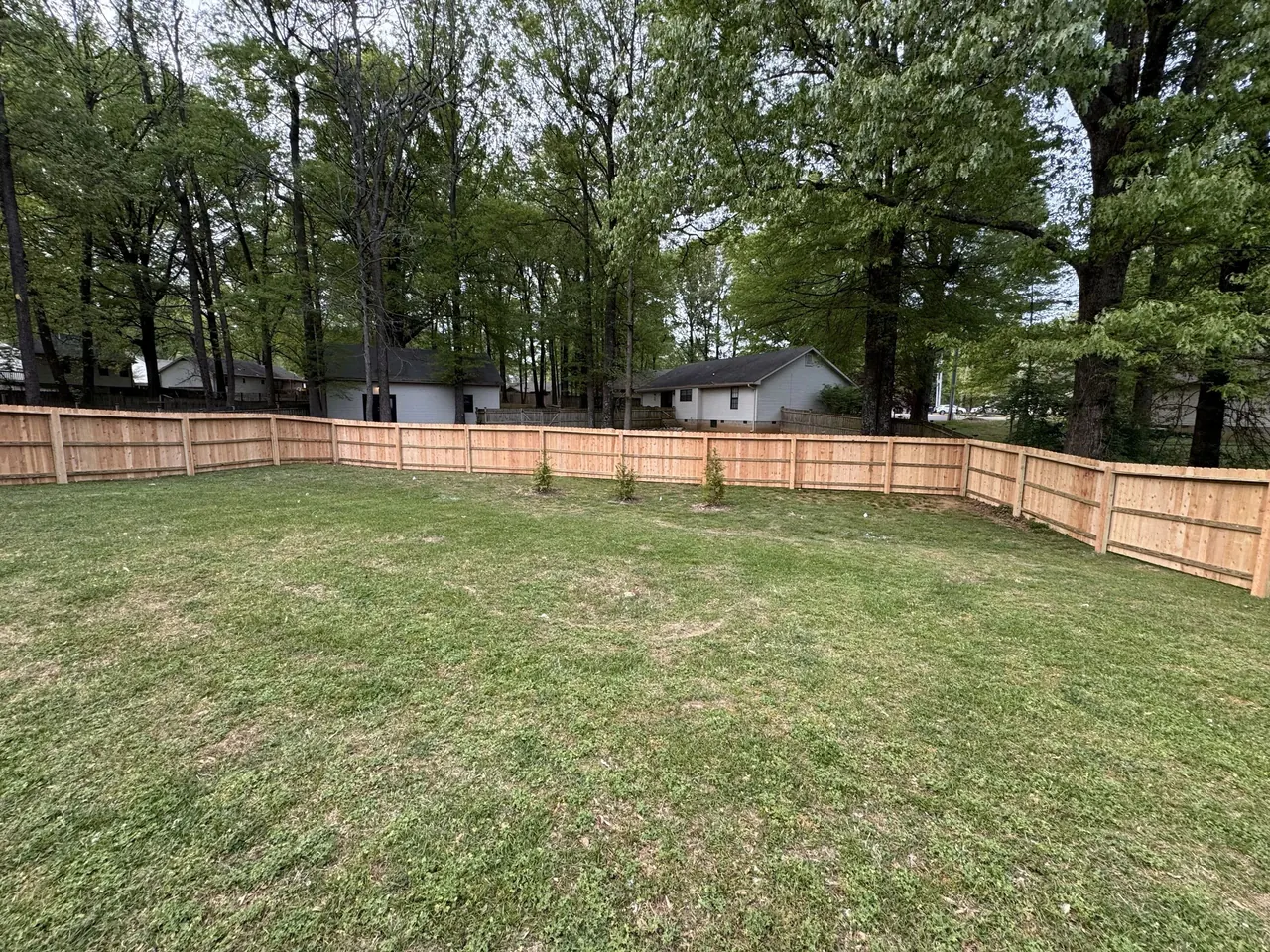 Completed cedar privacy fence installed by Rocky Top Fencing in a Middle Tennessee backyard